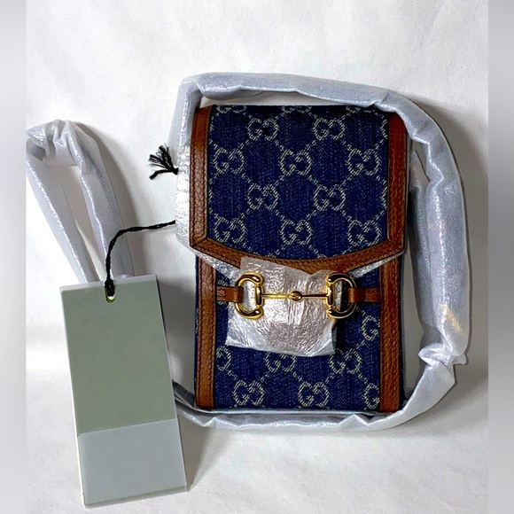 Gucci GG Logo HORSEBIT 1955 BLUE DENIM AND LEATHER TRIM MINI CROSSBODY BAG NEW! - Picture 4 of 8